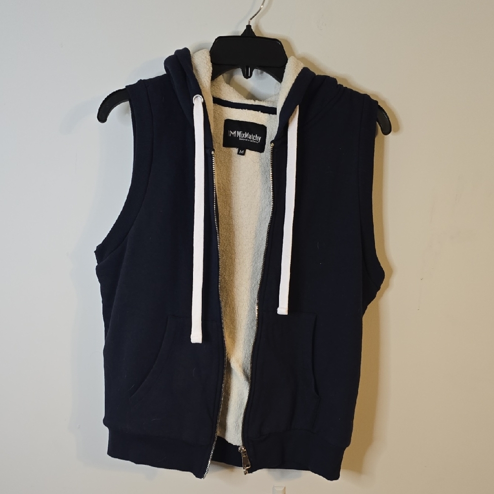 Match Navy Blue Hooded Vest with White Accents